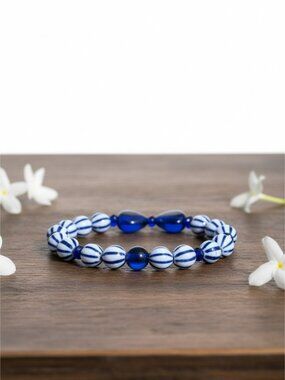 Blue and White‎ Striped Beaded Stretch Bracelet